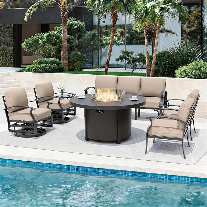 ALAULM Aluminum Patio Furniture Set with Coffee Table Rectangular, 5-seat Outdoor Sectional Furniture w/2 Swivel Chairs, Patio Conversation Set for Porch, Backyard, Poolside-Grey