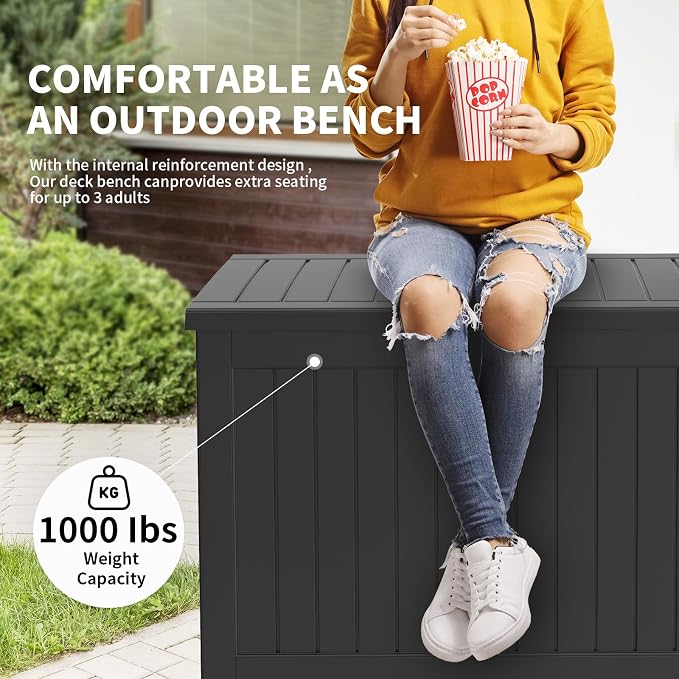 230 Gallon Waterproof Outdoor Resin Deck Box with Lockable Lid,Minimalist Wood Grain Pattern, Easy Assembly Features and Convenient Handles For Cushion, Pillows and other Patio Furniture(Black)