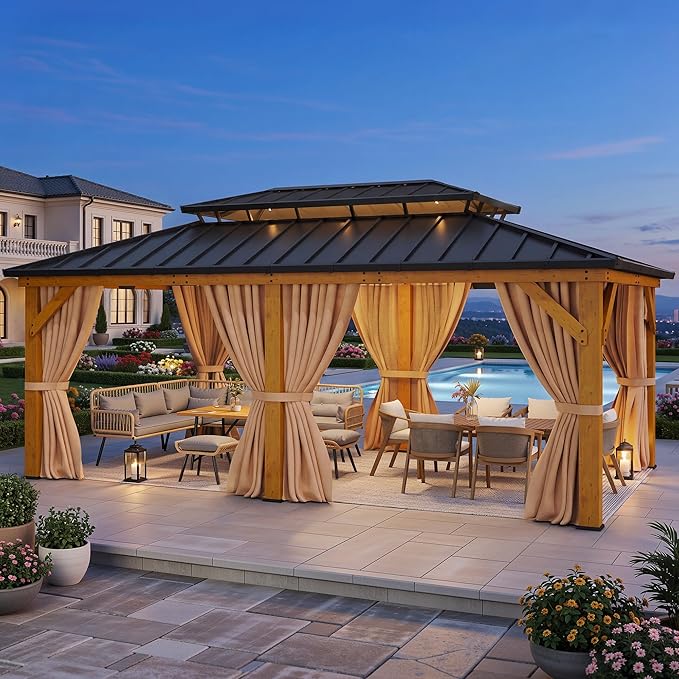 YITAHOME 12x20 Outdoor Wooden Gazebo Hardtop with Steel Roof, Heavy Duty Double Roof Galvanized Steel Gazebo with Nettings and Curtains, Permanent Wood Frame Aluminum Gazebo for Patio, Backyard, Deck
