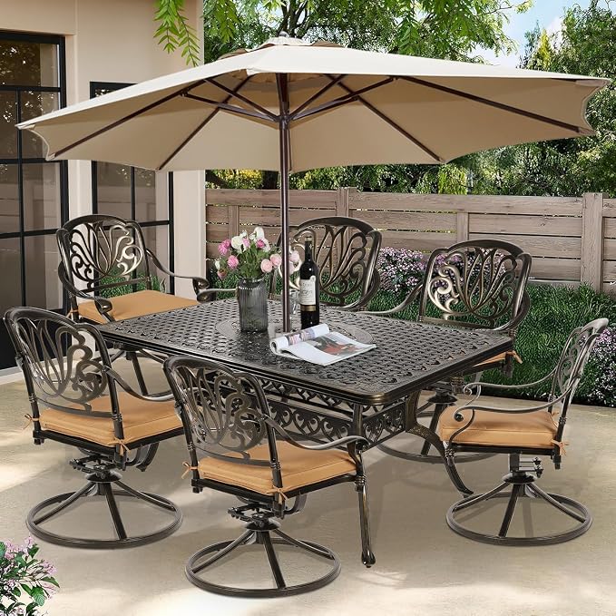 7-Piece Outdoor Patio Dining Set, 60” Rectangular Cast Aluminum Dining Table with Umbrella Hole and 6 Cushioned Swivel Rocker Chairs, Patio Funiture Set for Backyard, Patio, Garden