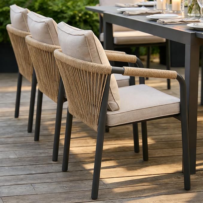 SUNSITT 7 Piece Outdoor Patio Dining Set, 63" - 105" Aluminum Expandable Outdoor Dining Table and 6 Woven Wicker Patio Chairs w/Curved Backrest for Garden, Dark Grey