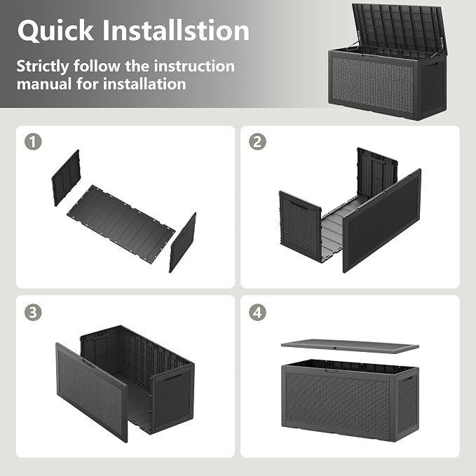100 Gallon Extra Large Resin Deck Box with Hydraulic Rod ,Outdoor storage box with lockable lid, waterproof material, suitable for patio furniture, pool tools, outdoor equipment, gardening tools