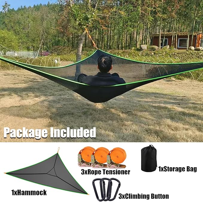 Triangle Hammock 13Ft Multi Person 3 Point Tree Hammock,Max 600LBs Extra Large Sky Camping Hammock for up to 2-4 Adults/Kids with 3 Ratchets/Straps/Net Pockets/Carabiners and Storage Bags-Black 