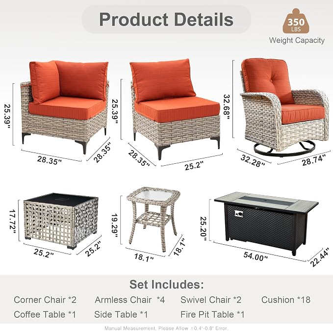 Outdoor Sectional Patio Furniture Set with Fire Pit Table,11 Pieces Rattan Wicker Conversation Sets L Shaped Couch,Out Door Furniture with Swivel Chairs Glowing Coffee Table,Orange Line