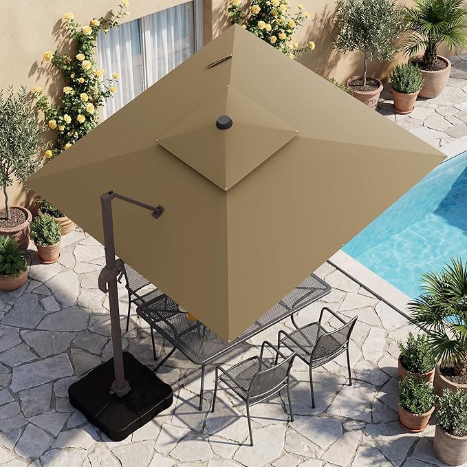 HASLE OUTFITTERS 10x10 FT Patio Cantilever Umbrella, Outdoor Offset Large Square Heavy Duty Double Top Umbrellas with 360° Rotation for Pool Garden Deck,Tan