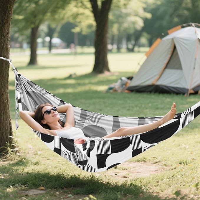 Camping Hammock Outdoor Hammocks for Outside Black White Line Beach Trees Portable Lightweight with Pockets Tree Straps Indoor