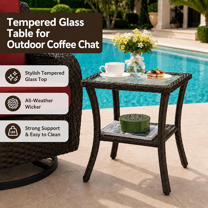 HUMMUH 3-Piece Swivel Rocking Rattan Chair Outdoor, Patio Bistro Furniture Conversation Set, Cushioned Wicker Chair with Glass Coffee Table