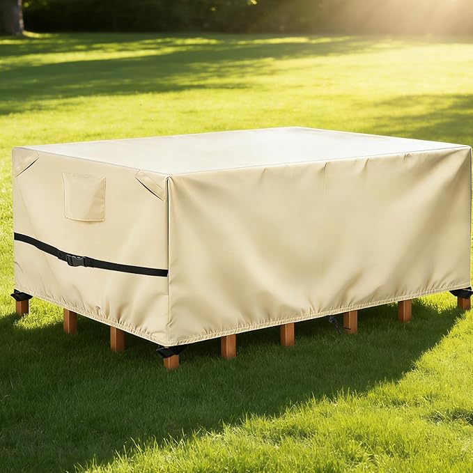 POMER Rectangular Patio Furniture Covers-Outdoor Furniture Covers Waterproof,600D Table and Chairs Cover for All-Weather Protection 112L X 74W X 32H Inch Beige
