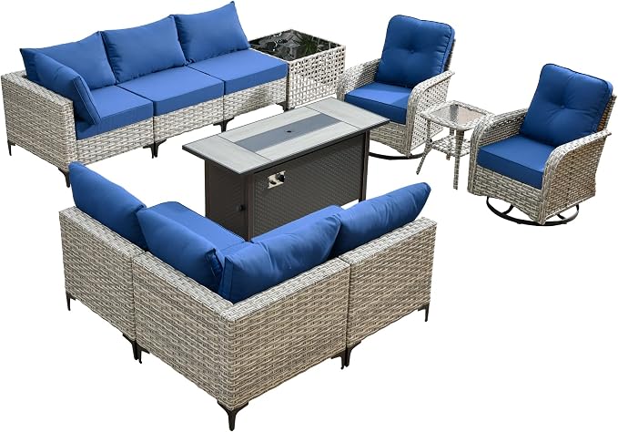 Outdoor Patio Furniture Sets,11 PCS Patio Conversation Set Outside Rattan Sectional Sofa with 54 in Fire Pit Table Wicker Rocking Chair Coffee Table Fit Backyard Porch Garden Poolside Balcony