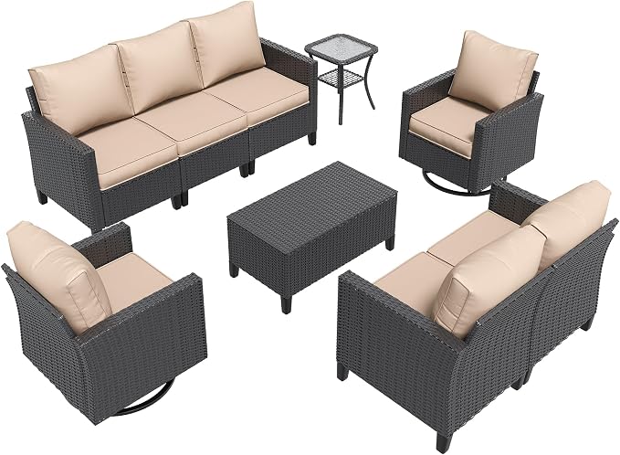 Amopatio Patio Furniture Set, Wicker Outdoor Sectional Sofa with Swivel Rocker Chairs, All-Weather Rattan Conversation Set, Storage Coffee Table, Waterproof Cover for Backyard,Deck Black/Khak 6 PCS