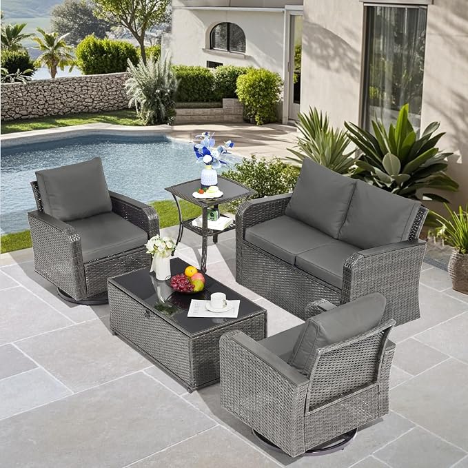 5 Pieces Outdoor Furniture Set with Swivel Chairs, Wicker Patio Furniture Sets for Porch Deck Bistro Lawn Garden Backyard Poolside-Grey Rattan/Grey