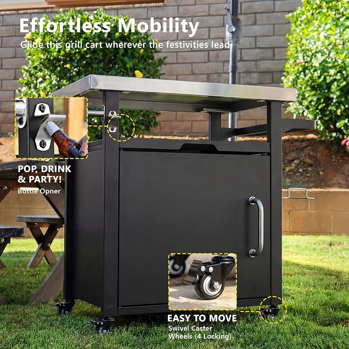 Outdoor Deck Box Storage Cabinet with Stainless Steel Top, 39.5 Inch Patio Prep Station and Grill Cart with 4 Locking Wheels, Propane Tank Storage and Waterproof Cover, Black Finish