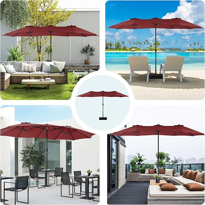 DUMOS 15FT Extra Large Patio Umbrella with Base Included, Rectangle Table Umbrella Outdoor Patio, 12 Sturdy Ribs Triple Head Canopy Outside Umbrellas for Deck, Backyard and Poolside,Wine Red