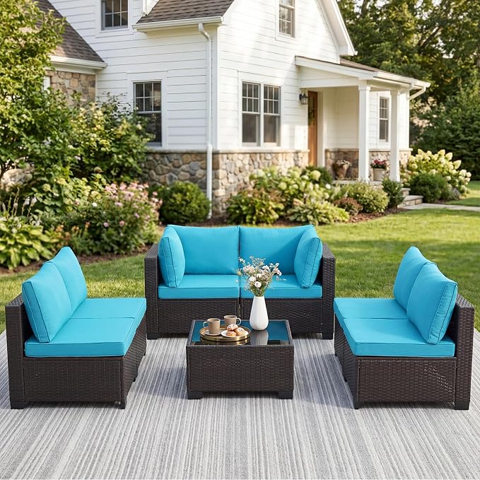 ANJ 7 Piece Outdoor Wicker Patio Furniture Set, Modular Loveseat Sofa with with Glass Top Coffee Table, All-Weather Rattan Conversation Couch Set for Balcony, Backyard, Dark Brown Wicker-Turquoise
