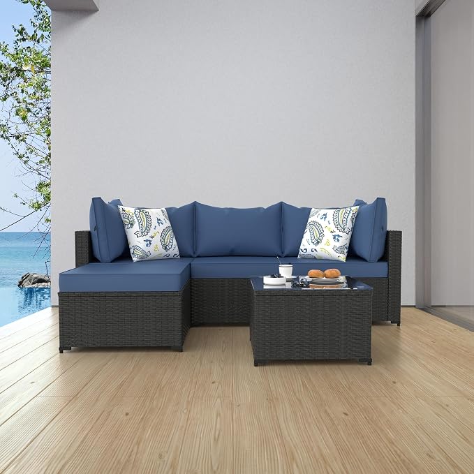 Patio Furniture Set, 5PCS Outdoor Sectional with Ottoman Wicker Rattan Patio Couch with Thickened Cushion Modular Wicker Patio Conversation Set with Glass Top Table for Balcony, Backyard (Navy Blue)