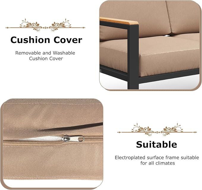 5-Piece Patio Furniture Set with 28” Propane Fire Pit Table, Heavy-Duty Metal Outdoor Conversation Set with Deep Cushions & Wood-Like Armrests for Patio, Porch, Backyard, Garden – Brown