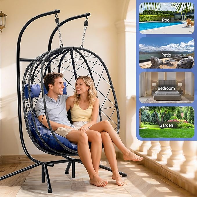 CHABATREE Double Egg Swing Chair with Stand - 2 Person Outdoor Patio Hanging Wicker Hammock Chair with Cushion, Dark Grey, for Garden, Lawn, Bedroom, Indoor/Outdoor Use