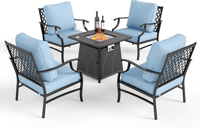 MIXPATIO Patio Furniture Set with Fire Pit Table, 5 Pcs Metal Outdoor Conversation Set, 4 Single Chairs with 5.75" Extra Thick Cushion and 28" Fire Pit Table for Backyard Deck, Blue