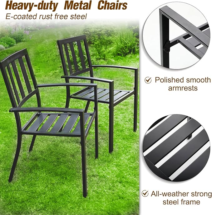 PHI VILLA 7 Pcs Patio Dining Set w/Umbrella, 6 Stackable Chairs | 60” Rectangular Metal Dining Table & 6 Stackable Metal Chairs & 13ft Large Beige Umbrella for Outdoor, Deck, Yard, Porch