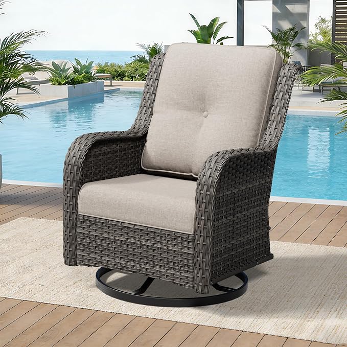Outdoor Swivel Rocker Patio Chair - Outdoor Wicker Patio Furniture with Thickened Olefin Cushions, High Back and Deep Seating, Hand-Woven PE Rattan for Porch, Deck, Balcony, Beige