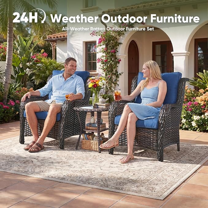 Rilyson Outdoor Wicker Patio Chairs Set of 2: High Back, Deep Seating, Wide Armrest, Thick Comfort Cushions, Ideal for Porch Deck Backyard Garden(Brown/Blue)