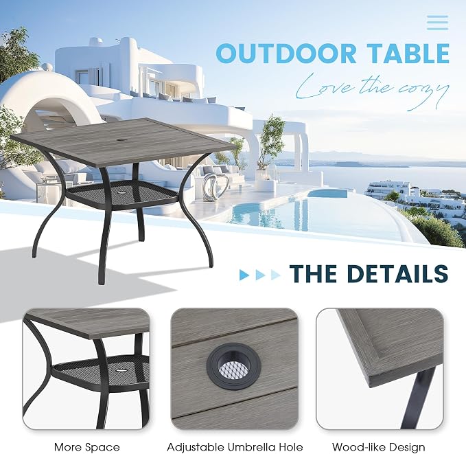 5 Pieces Patio Furniture Dining Set, 4 Textilene Swivel Dining Chairs, 38" Outdoor Square Metal Table with Storage Shelf and 1.57" Umbrella Hole, Outdoor Dining Set for Porch, Lawn, Grey/Sand