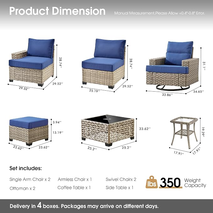 Rattan Patio Furniture Set with Swivel Chairs,9 Pieces Outdoor Sectional with Ottoman Glowing Coffee Table,Out Door Furniture Conversation Set,Navy Blue