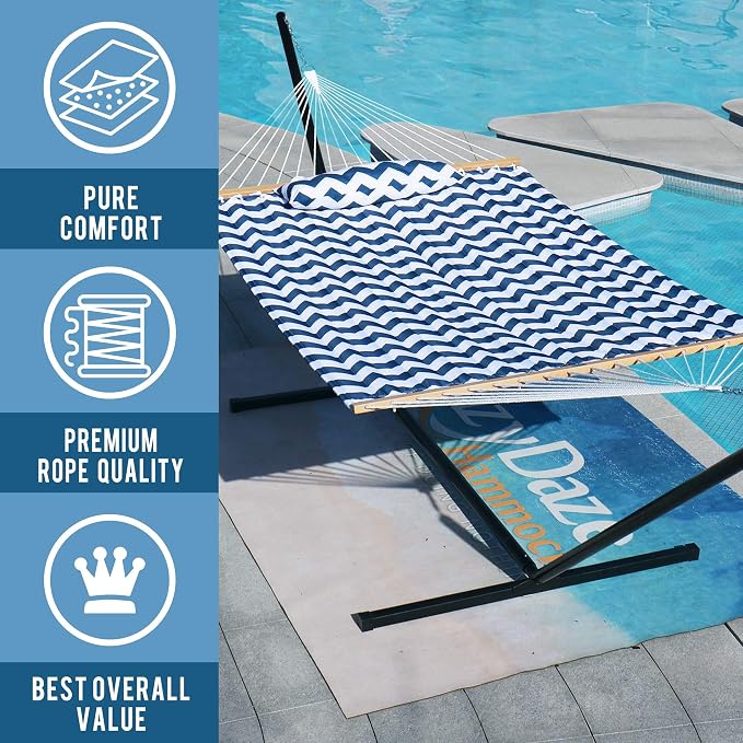 Lazy Daze Hammocks 12FT Quilted Fabric Double Hammock with Spreader Bars and Detachable Pillow, 2 Person Hammock for Outdoor Patio Backyard Poolside, 450 LBS Weight Capacity, Blue Chevron Stripe