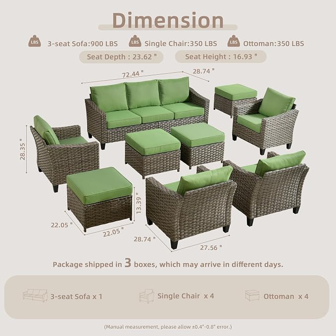 CAODOC Patio Furniture Set, 7 Pieces Outdoor Wicker Rattan Sofa Couch with 4 Chairs, Ottomans and Comfy Cushions, All Weather High Back Conversation Set Garden Backyard, Brown Rattan Green Cushions