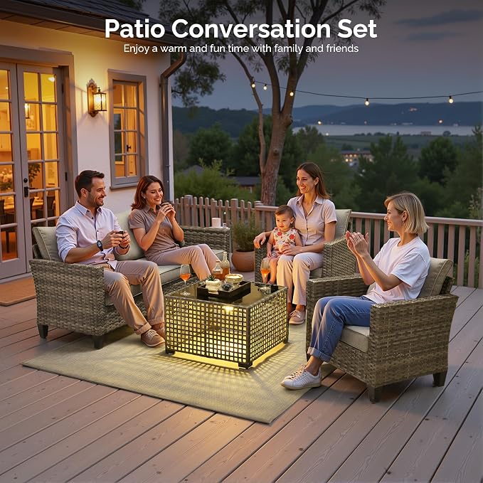 4 Piece Wicker Patio Furniture Set with Solar Table, Dark Gray | Outdoor Deep Seating Sofa Chair, Solar Lights Table, All Weather Rattan, Modern Conversation Set, Porch Deck Backyard