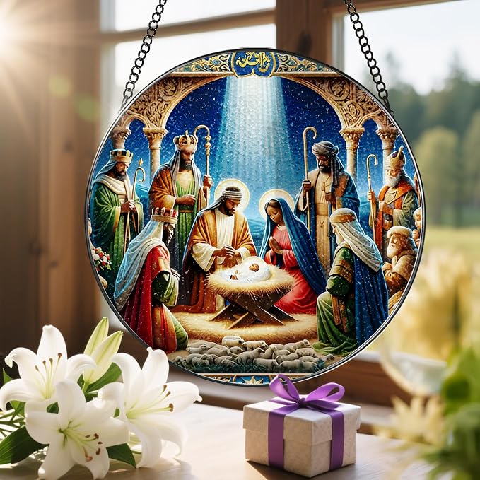 Stained Glass Suncatcher, Black Nativity Scene Sun Catcher Ornament; Stained Glass Window Hanging, Christmas Ornament, Christian Decor; Gifts for Christmas, Christian Gift, Religious Gift