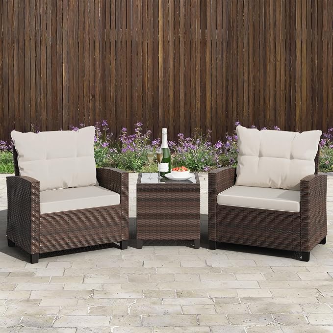 Shintenchi 3 Pieces Patio Furniture Set, PE Rattan Wicker 3 Pcs Patio Set, Outdoor Furniture Set with Two Outdoor Chairs and Table, Conversation Set for Garden, Poolside, Balcony, and Porch(Beige)