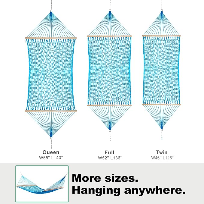 GAFETE Single Rope Hammocks for Outside, Traditional Hand Woven Cotton Hammock with Hardwood Spreader Bar, Max 450 lbs Capacity (Lake Aqua, Small)