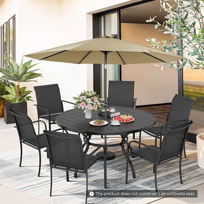 7-Piece Patio Dining Set with Umbrella,6 Person Outdoor Table and Chairs Set, 6 Metal Dining Chairs and Round Outdoor Table with 1.57" Umbrella Hole,Black