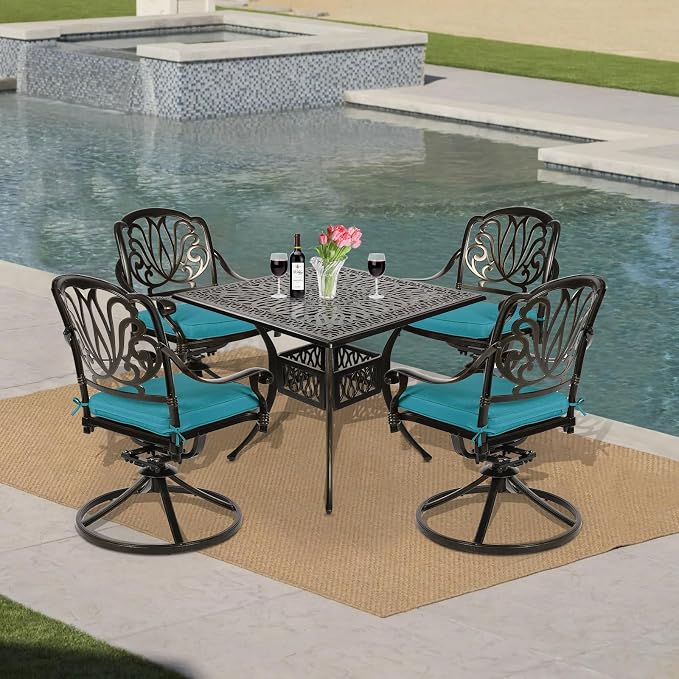 VIVIJASON 5-Piece Outdoor Patio Dining Set, All-Weather Cast Aluminum Conversation Set, Patio Furniture Set, Include 4 Swivel Dining Chairs, a 35.4" Square Table w/Umbrella Hole, Ocean Blue Cushion