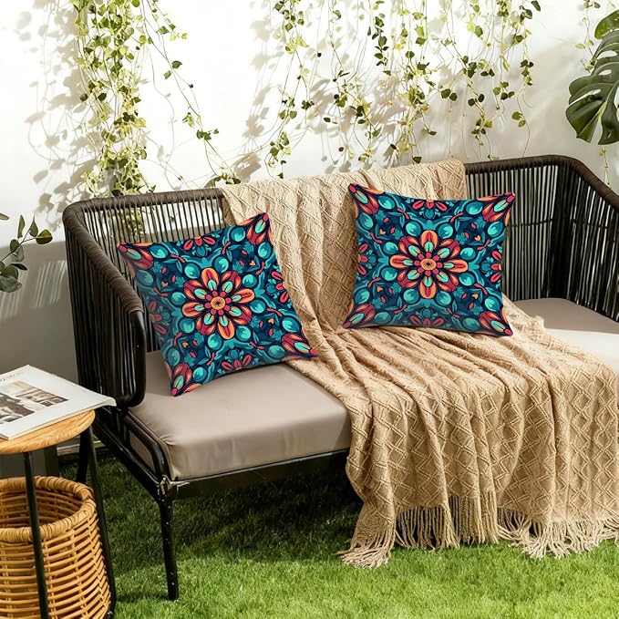 20x20 Inch Outdoor Pillow Covers Set of 2 Waterproof Throw Pillow Covers Decorative Couch Cushion Covers Boho Mandala Floral Square Pillowcases Protectors for Patio Garden Sofa