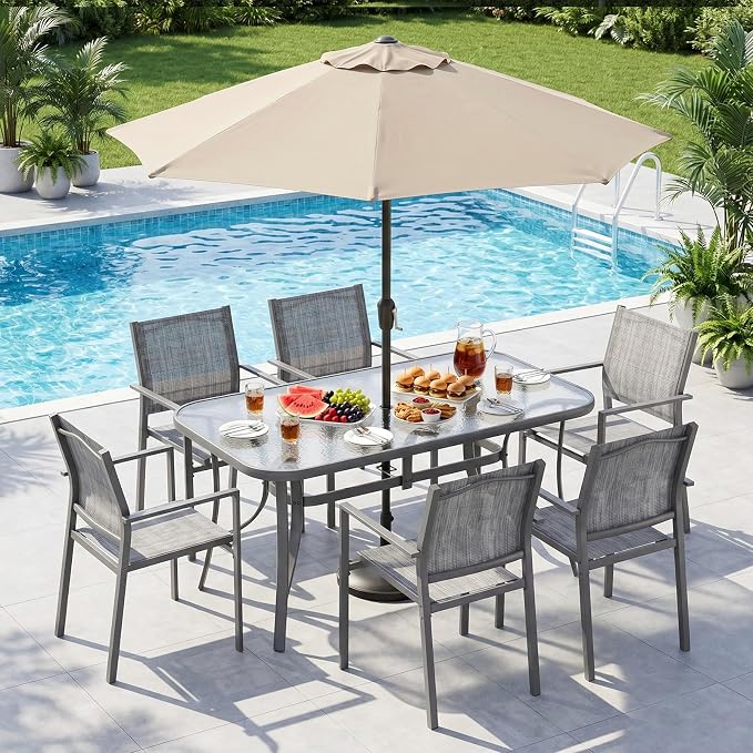 TLSUNNY 7 Piece Patio Dining Set for 6, Outdoor Table and Chairs W/1.69" Umbrella Hole & Metal Frame, 30"X 55" Rectangular Glass Table and Patio Textilene Stackable Chair W/Armrests, for Lawn Deck