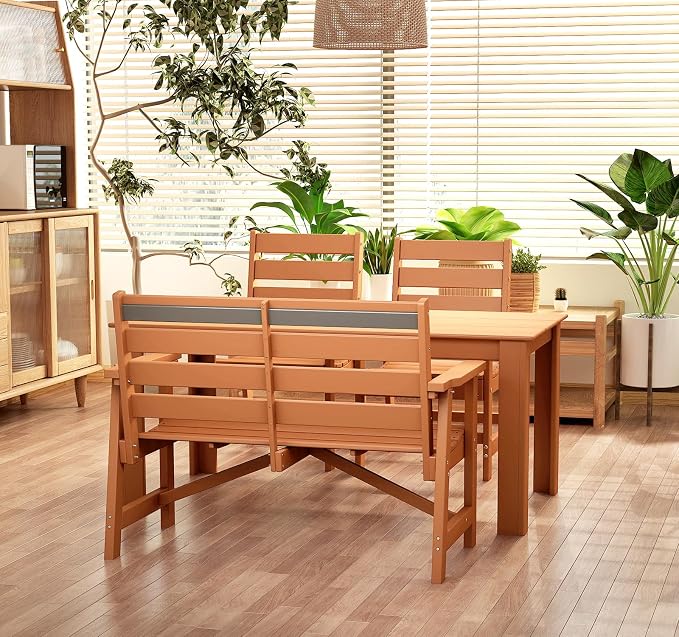 BRIOPAWS Outdoor-Dining-Table-Set | 4 Piece | HDPE | 1 Bench and 2 Chairs Sets for 4 | Patio Dinner Furniture | All Weather | Umbrella Hole | for Poolside Deck Backyard Outdoors | Teak