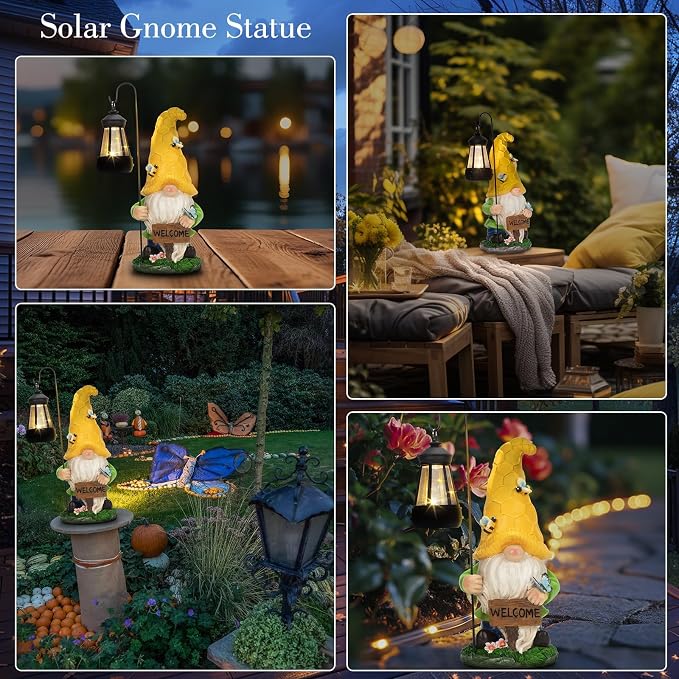 Solar Garden Gnome Statue with Lantern - Hand-Painted Resin Gnome Decor, IP44 Waterproof Outdoor Figurine for Yard Patio Porch, for Mom Women Housewarming Christmas