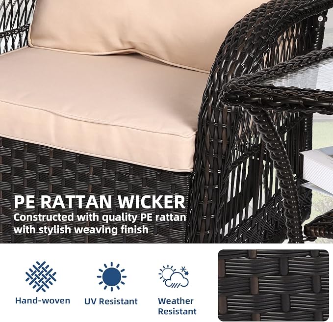 3-Piece Patio Wicker Conversation Bistro Set, Rattan Gliding Rocking Swivel Chairs with Cushion and Glass Top Side Table Outdoor Furniture Sets for Garden Backyard, Dark Brown