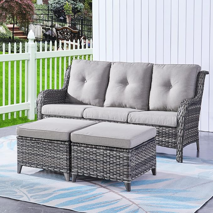 Rilyson Luxury Outdoor Wicker Patio Ottomans Set of 2, 250 lbs Capacity Rattan Large Ottomans for Patio Footrest Set 22.8in*22.8in*14in with 3.5in Thick Cushion (Mixed Grey/Grey)