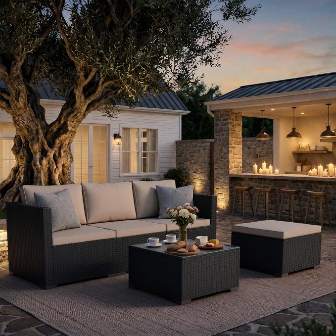 Skyfish Patio Furniture Set - Wide Armrests - All-Weather 5 Piece Outdoor Wicker Sectional Couch with Chaise Lounge,Couch Conversation Set, PE Rattan Sofa for Backyard Porch Poolside Black/Khaki