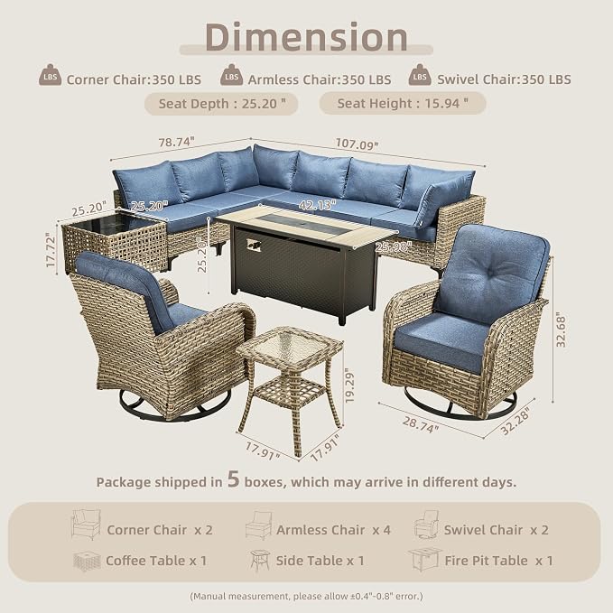 CAODOC 11-Piece Outdoor Sectional Sofa Set w/ 54" Fire Pit – L-Shaped Wicker Patio Furniture, Deep Seating & Swivel Rockers,Light Blue