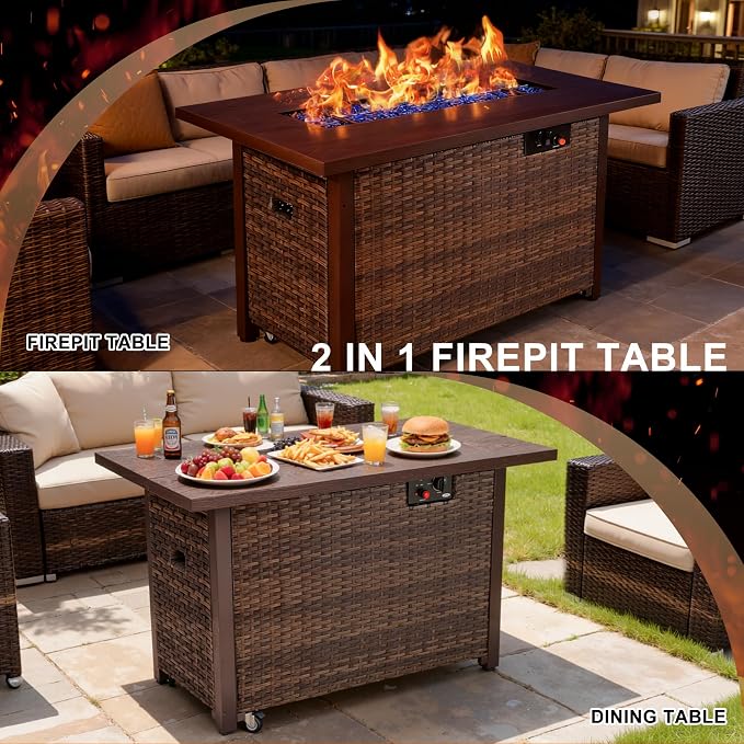 9 Piece Patio Furniture Set with 42" Fire Pit Table, Outdoor Wicker Rattan Sectional Sofa Set, Patio Conversation Set with Thickened Cushions, Blue