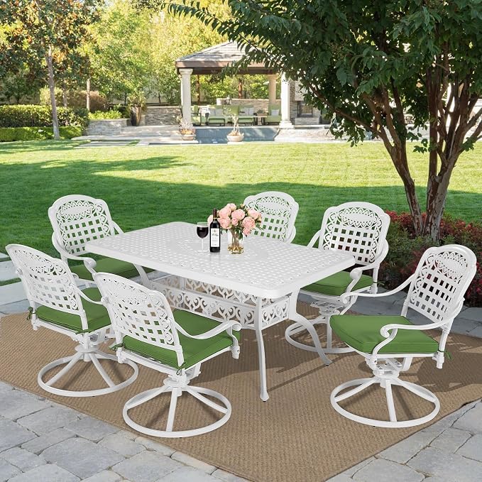 MEETWARM 7-Piece Outdoor Patio Dining Set, All-Weather Cast Aluminum Patio Conversation Set with 6 Cushioned Swivel Rocker Chairs for Backyard Garden Deck, 1 Rectangular Table, White