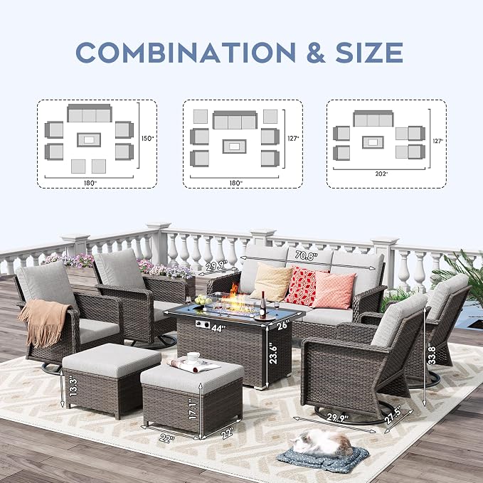 Brafab 9 Seats Outdoor Patio Furniture Set with Fire Pit Table, High Back Swivel Chairs Conversation Sets with Ergonomic Backrest, Wicker Sectional Sofa with Gilder Chair for Yard Garden Porch, Beige