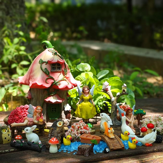 93 Pcs Fairy Garden House Resin Accessories Fairy Elves Kit Miniature Fairy Figurines Ornaments Animals Decor Outdoor for DIY Dollhouse | Mini Resin Fairies Animals Ornaments Set Village Decor Outdoor for DIY Dollhouse Supplies