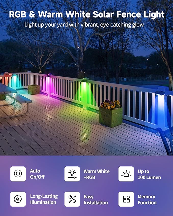 Solar Fence Lights 12 Pack, Outdoor IP65 Waterproof LED, RGB Fence Lights Solar Powered 7 Colors, for Wall, Patio, Deck, Backyard, Garden, Pool, Railing