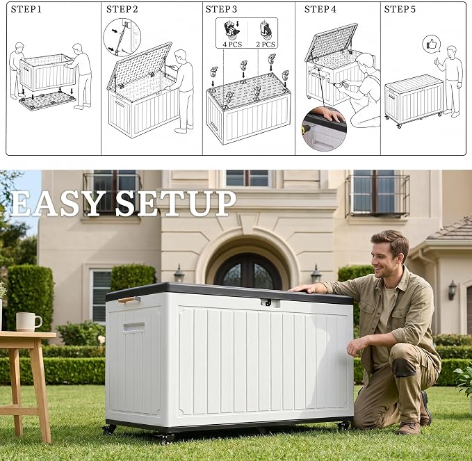 YITAHOME 90 Gallon Outdoor Storage Box with 6 Swivel Wheels & Dual Wooden Handles, Large Double-Wall Resin Deck Box, Lockable Waterproof Patio Organizer for Furniture, Cushions, White & Black