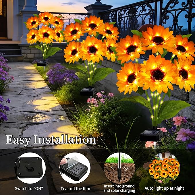 Solar Garden Lights Outdoor, 3 Pack Solar Sunflower Lights with 18 Head 3.4 Inch Flowers, Waterproof Flowers Light Fall Thanksgiving Decorations for Garden Yard Patio Backyard, Gifts for Mom Women